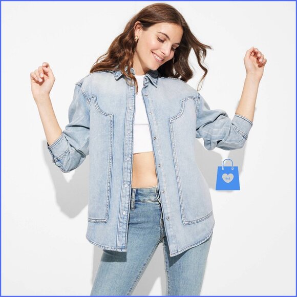 XXS - Womens Long Sleeve Oversized Denim Western Shirt - Wild Fable - Light Wash - Picture 2 of 5